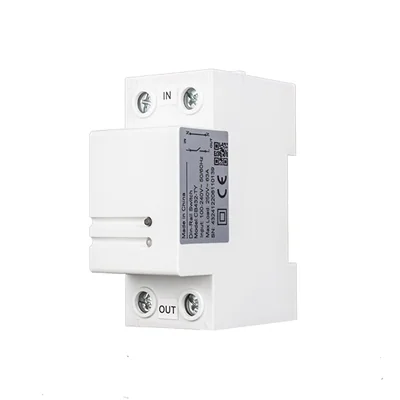 CB432 din-rail relay with IN and OUT terminals and a side label printed Model: CB432-TY, CE mark and QR code