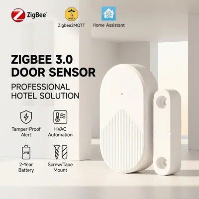 DWS312 ZigBee door and window sensor under ZigBee, ZigBee2MQTT and Home Assistant badges on white