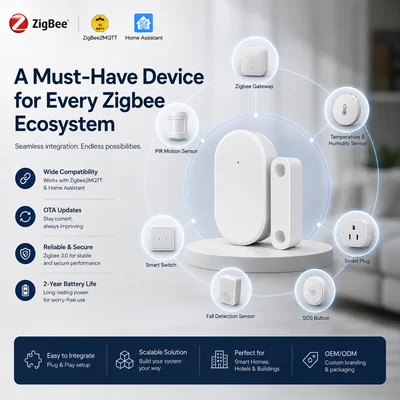 DWS332 ZigBee door and window sensor, rounder white body with LED dot and a taller magnet contact, white background