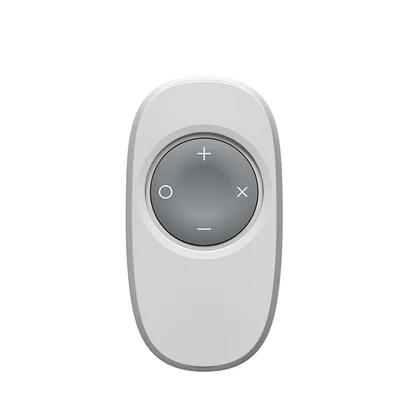 KF205 ZigBee key fob with a large grey round keypad printed with plus, minus, circle and cross symbols