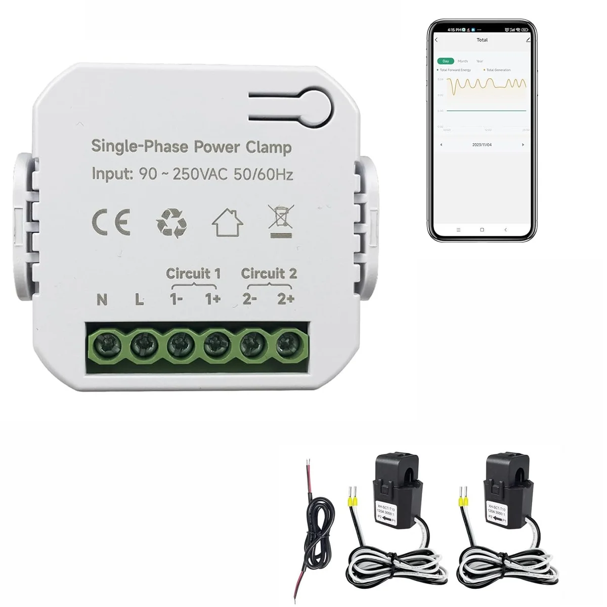 PC311-TY single-phase power clamp, phone app graph and two CT clamps with cables, white-background composite