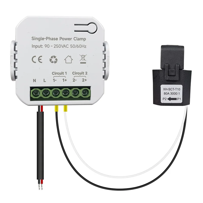 PC311-W-TY/R/N power clamp wired to one black CT clamp marked XH-SCT-T10 on a white background