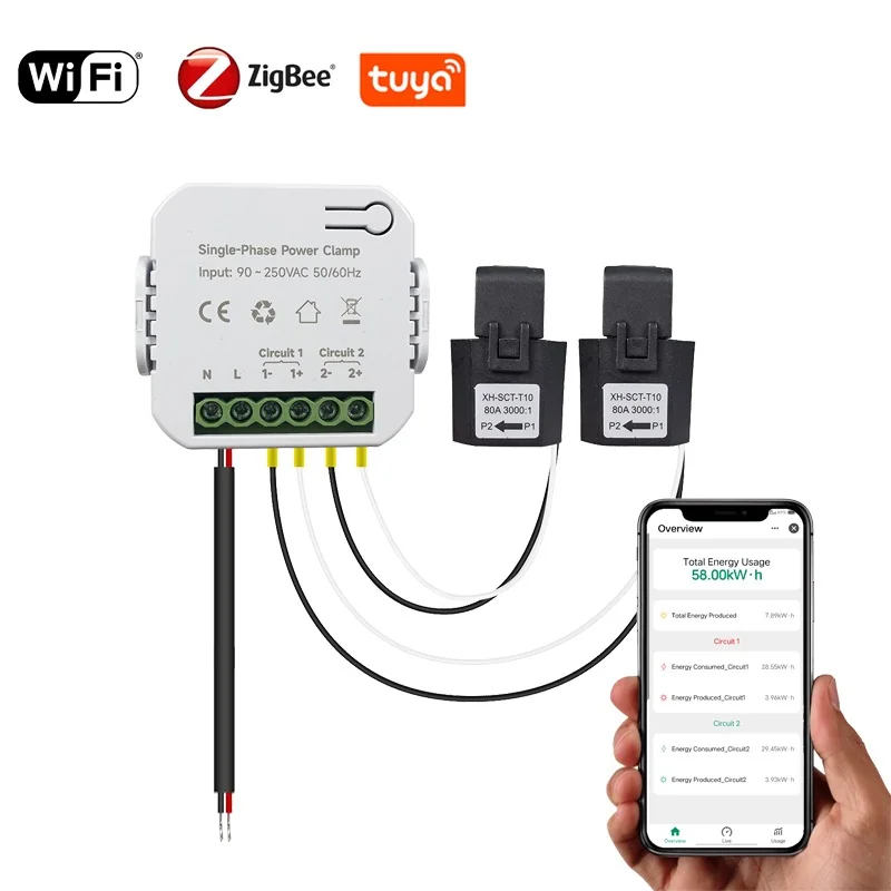 PC311-Z-TY power clamp with WiFi, ZigBee and Tuya badges, two CT clamps and a hand holding the app