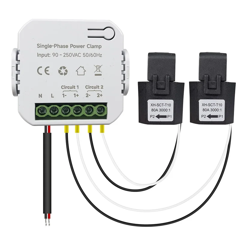 PC311-Z-TY single-phase power clamp with green terminal block and two black XH-SCT-T10 CT clamps on white