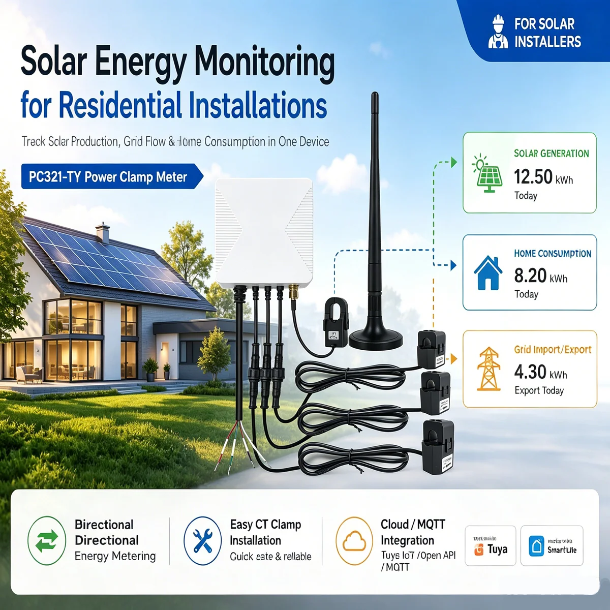 Infographic headlined Solar Energy Monitoring for Residential Installations with the PC321-TY clamp meter and CT clamps