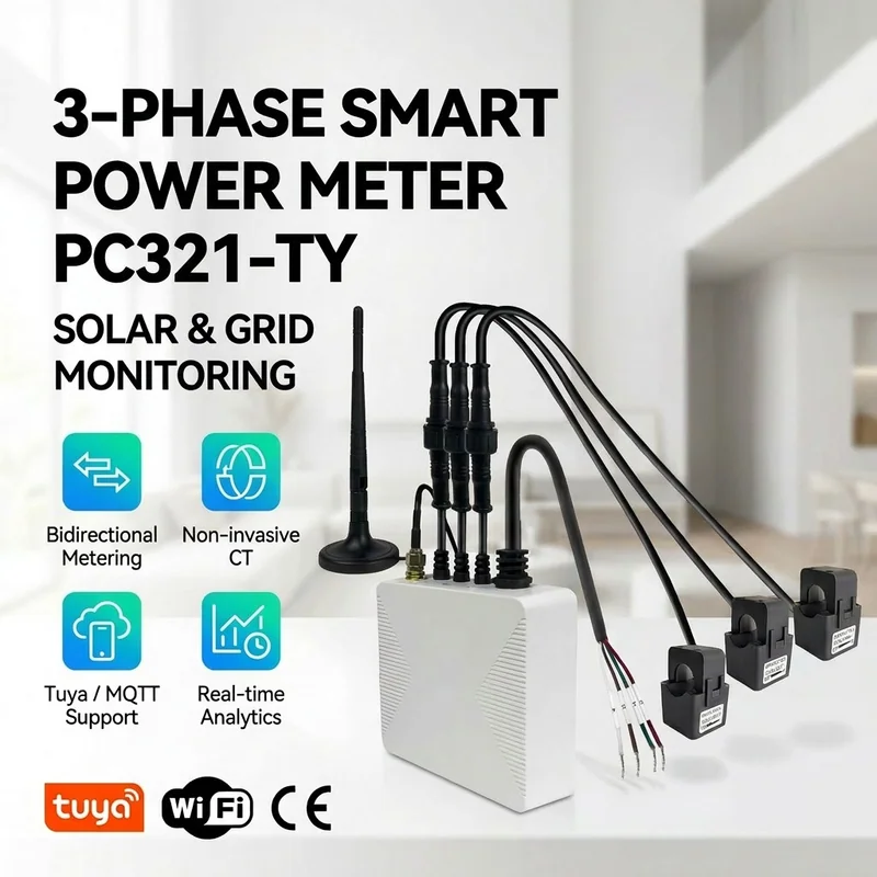 Infographic headlined "3-PHASE SMART POWER METER PC321-TY" with the meter, three CT clamps and Tuya Wi-Fi badges