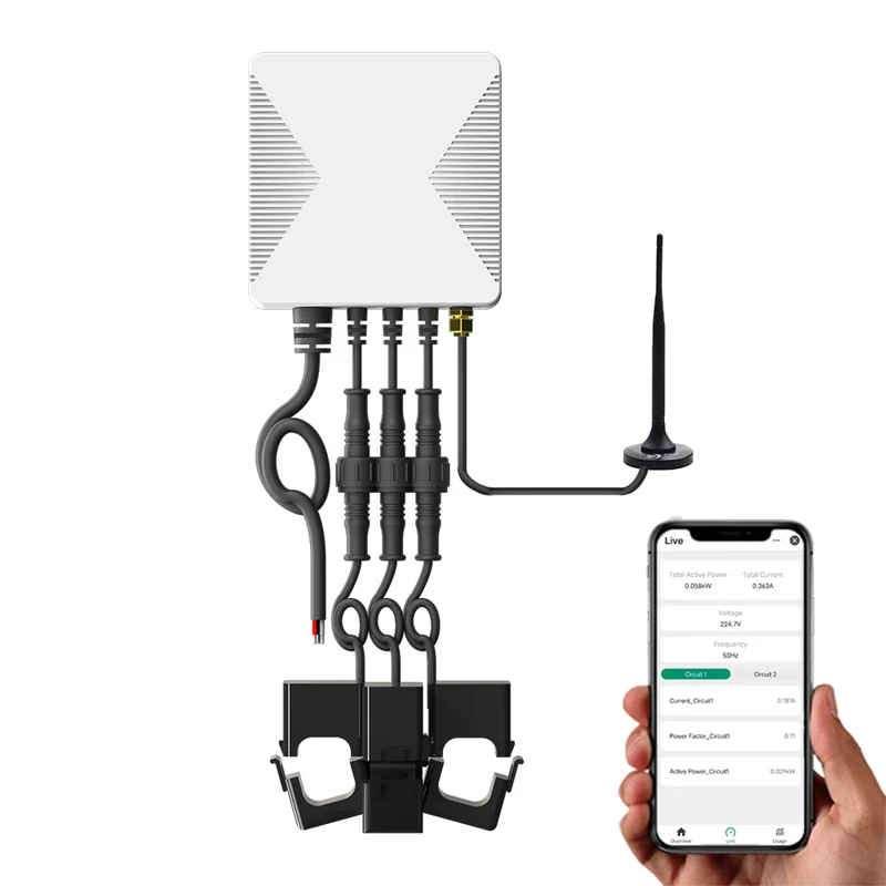 PC321-W-TY clamp meter with CT clamps and antenna beside a hand holding a phone showing the Live app screen