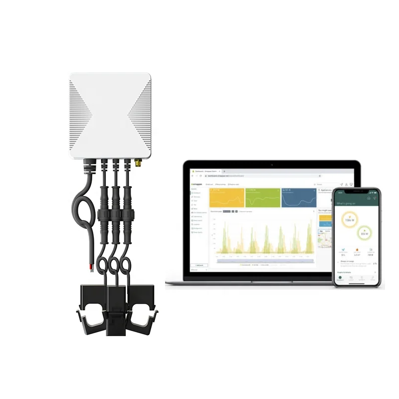 PC321-W-TY meter with CT clamps and antenna next to a laptop dashboard and phone app on a white background