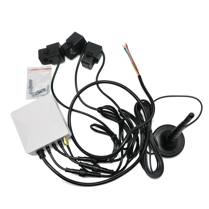 PC321-W flat-lay of the white meter with three black CT clamps, antenna, coiled cables and a bag of screws