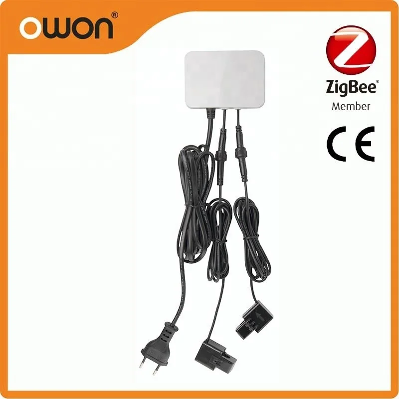 PC321-Z-TY with owon branding, ZigBee Member and CE marks, showing the unit, a mains plug and CT clamps