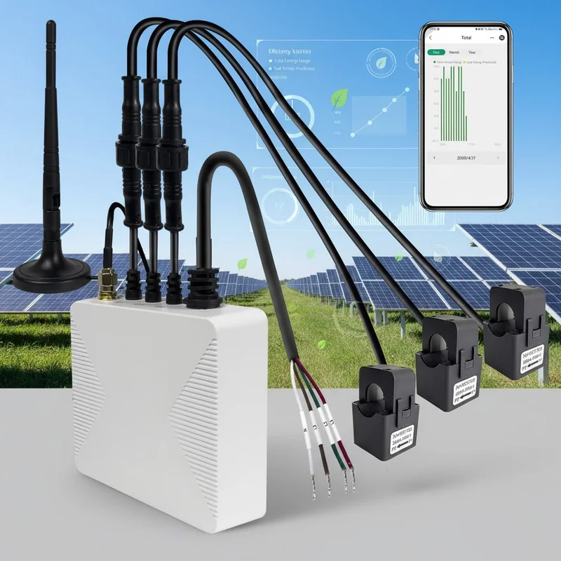 PC321 clamp meter with three CT clamps and antenna over a solar farm, phone app screen floating above