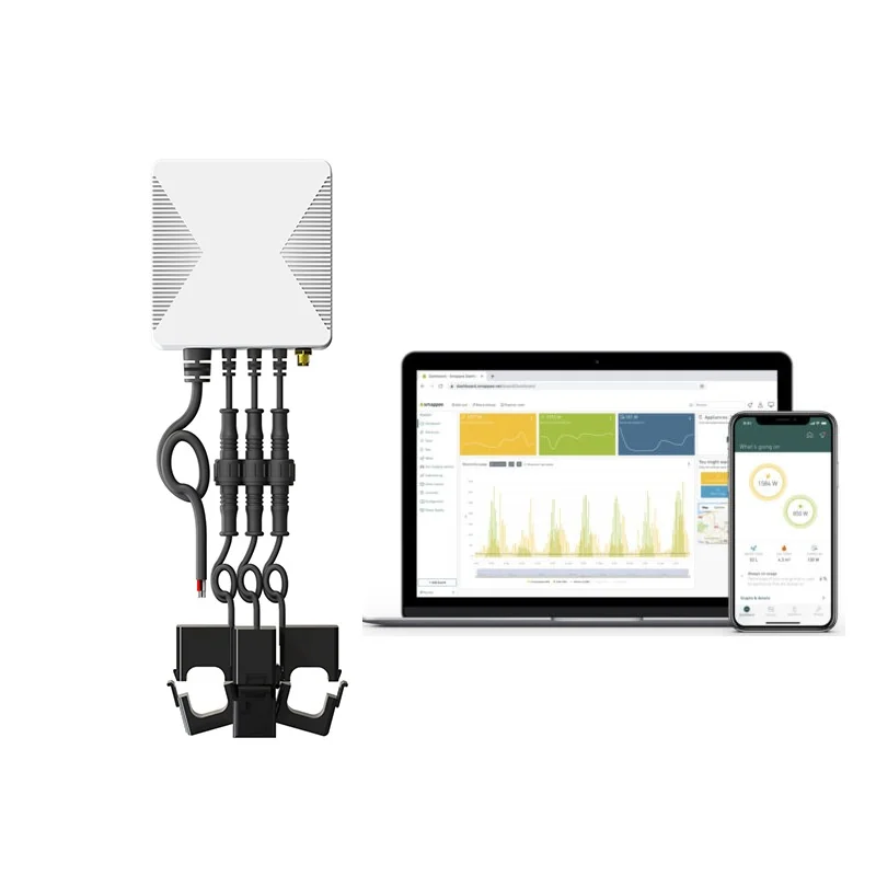 PC321 clamp meter and CT clamps with a laptop showing coloured energy charts and a phone app alongside