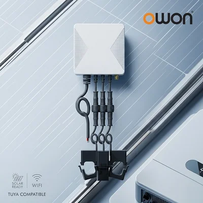 PC321 meter on a solar panel background with the owon logo and Solar Ready, Wi-Fi, Tuya Compatible marks
