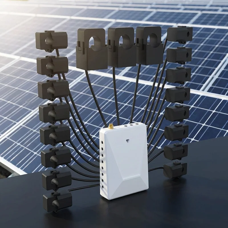 PC341-W-TY/N multi-circuit energy monitor with its fan of CT clamps on a solar panel background
