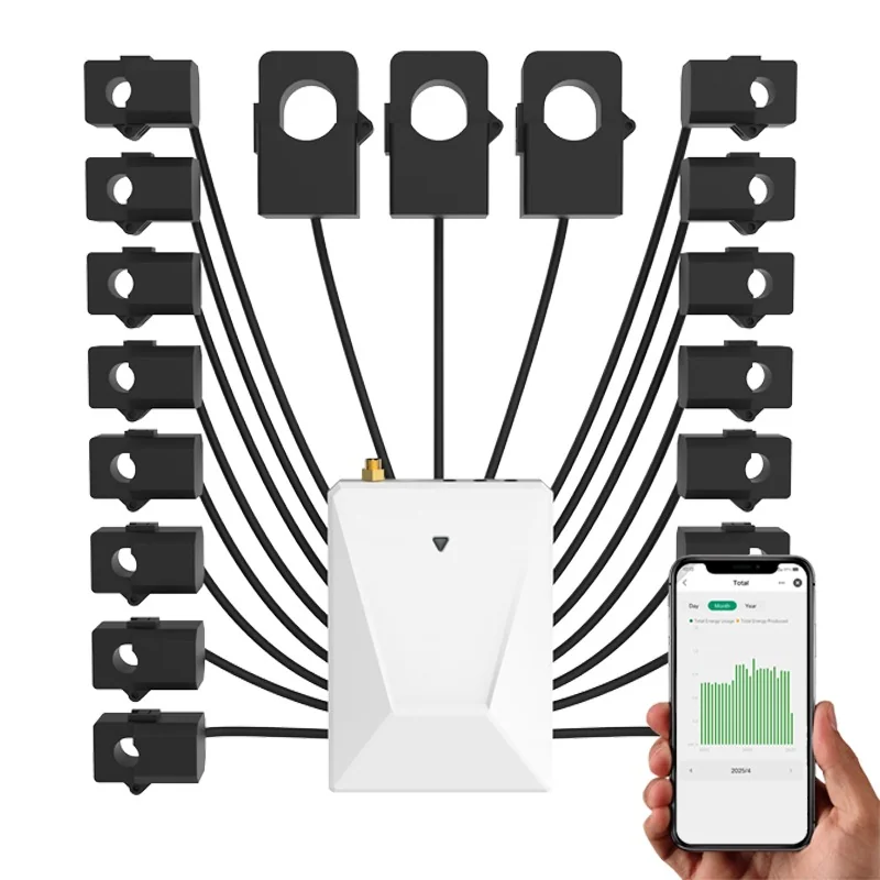 PC341-W-TY/N with black CT clamps fanned out in rows beside a hand holding a phone with the Tuya app