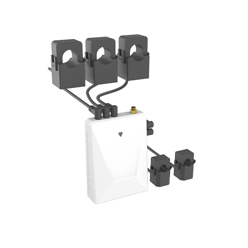 PC341-W-TY/N energy monitor at an angle with three large CT clamps above and two smaller clamps beside it