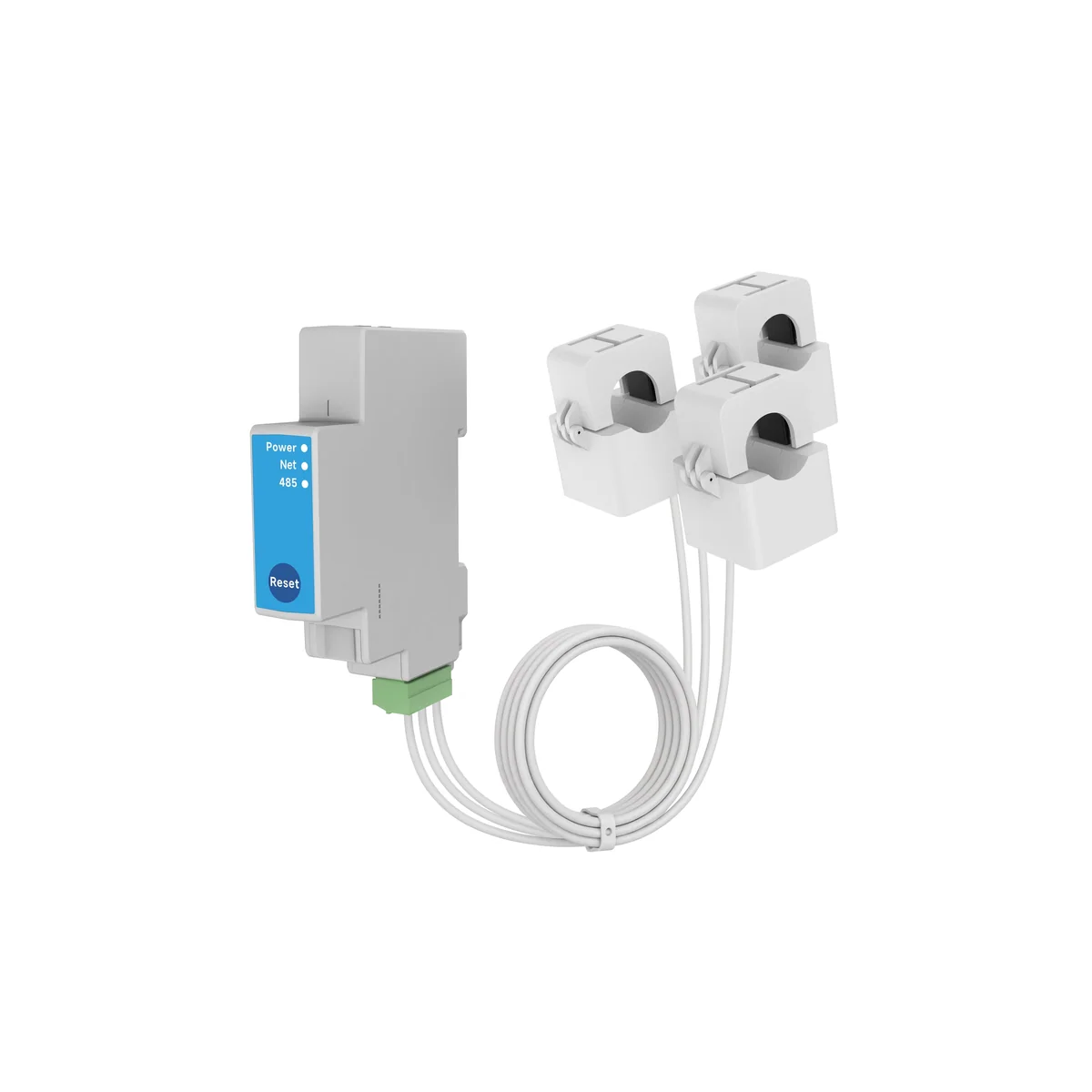 PC4713-W-485 meter with blue Power, Net and 485 indicators and three white split-core CT clamps
