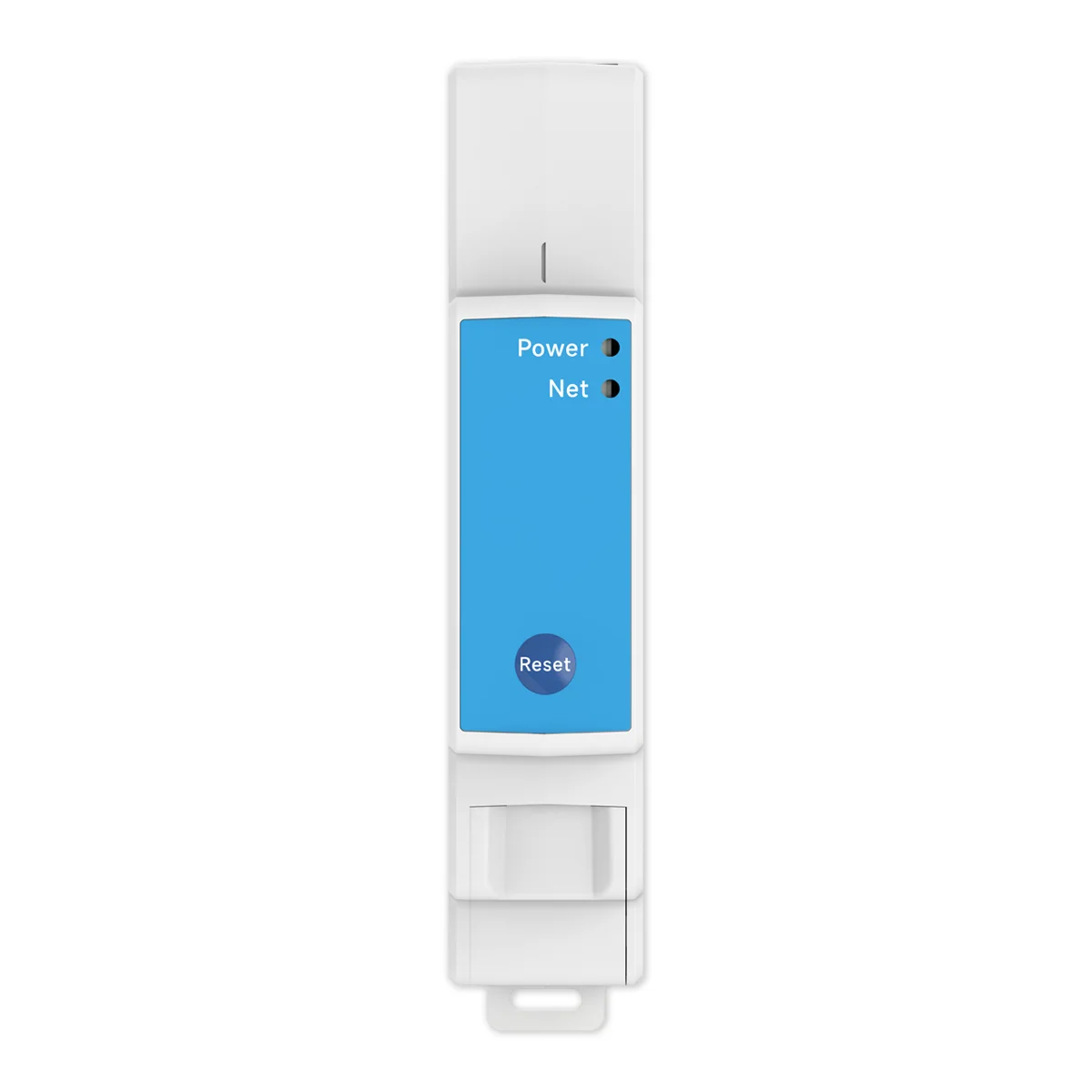PC4713-W-E-TY/R three-phase DIN-rail meter showing Power and Net LEDs and a Reset button on a blue panel