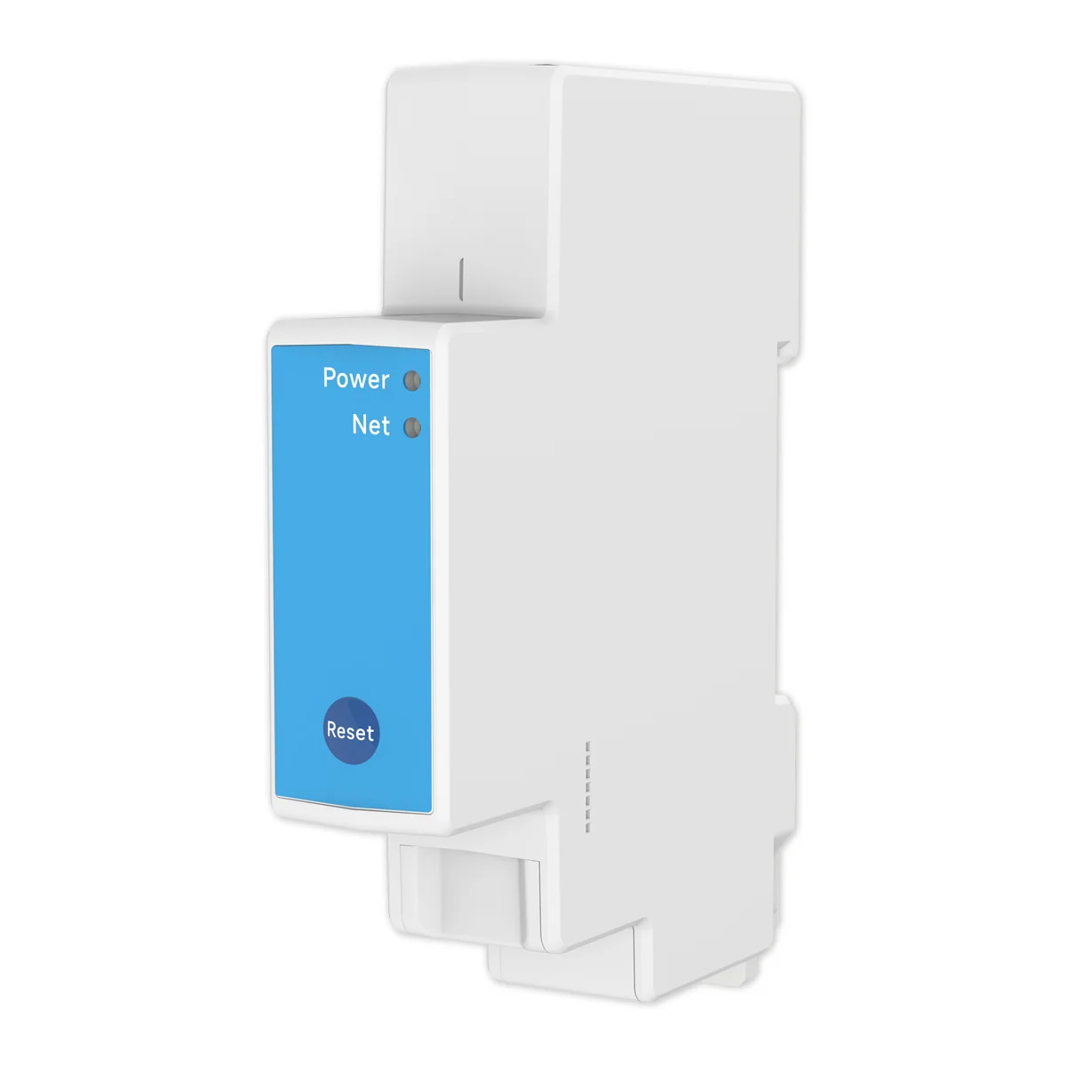 White DIN-rail smart energy meter with a blue front panel showing Power and Net LEDs and a Reset button