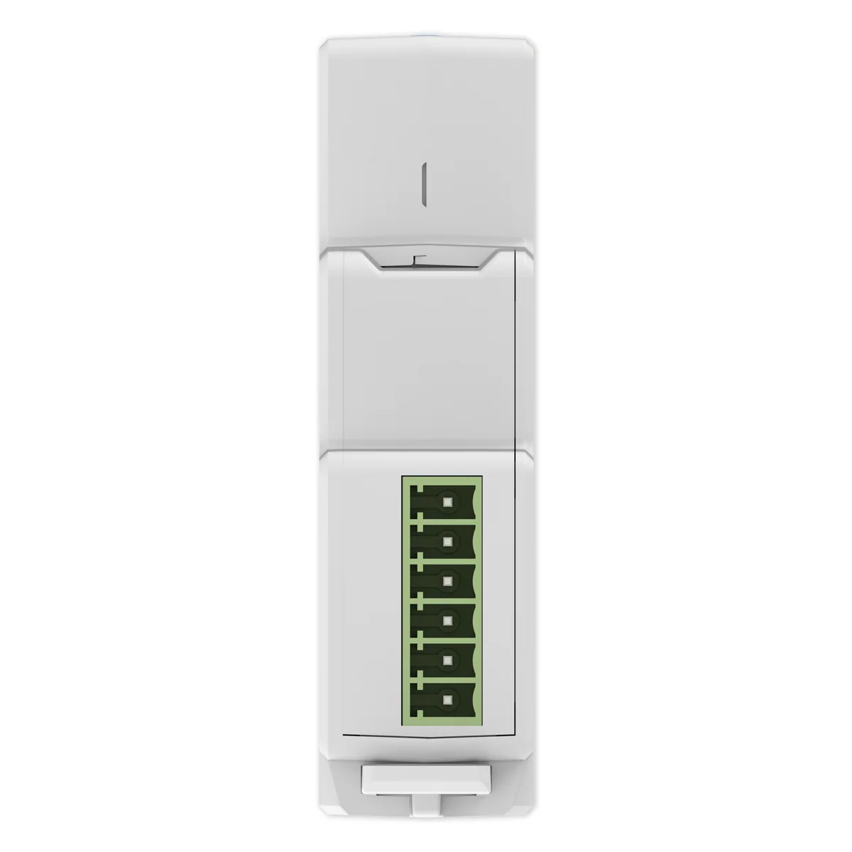 Six green screw terminals in a row on the terminal face of a white DIN-rail energy meter, white background