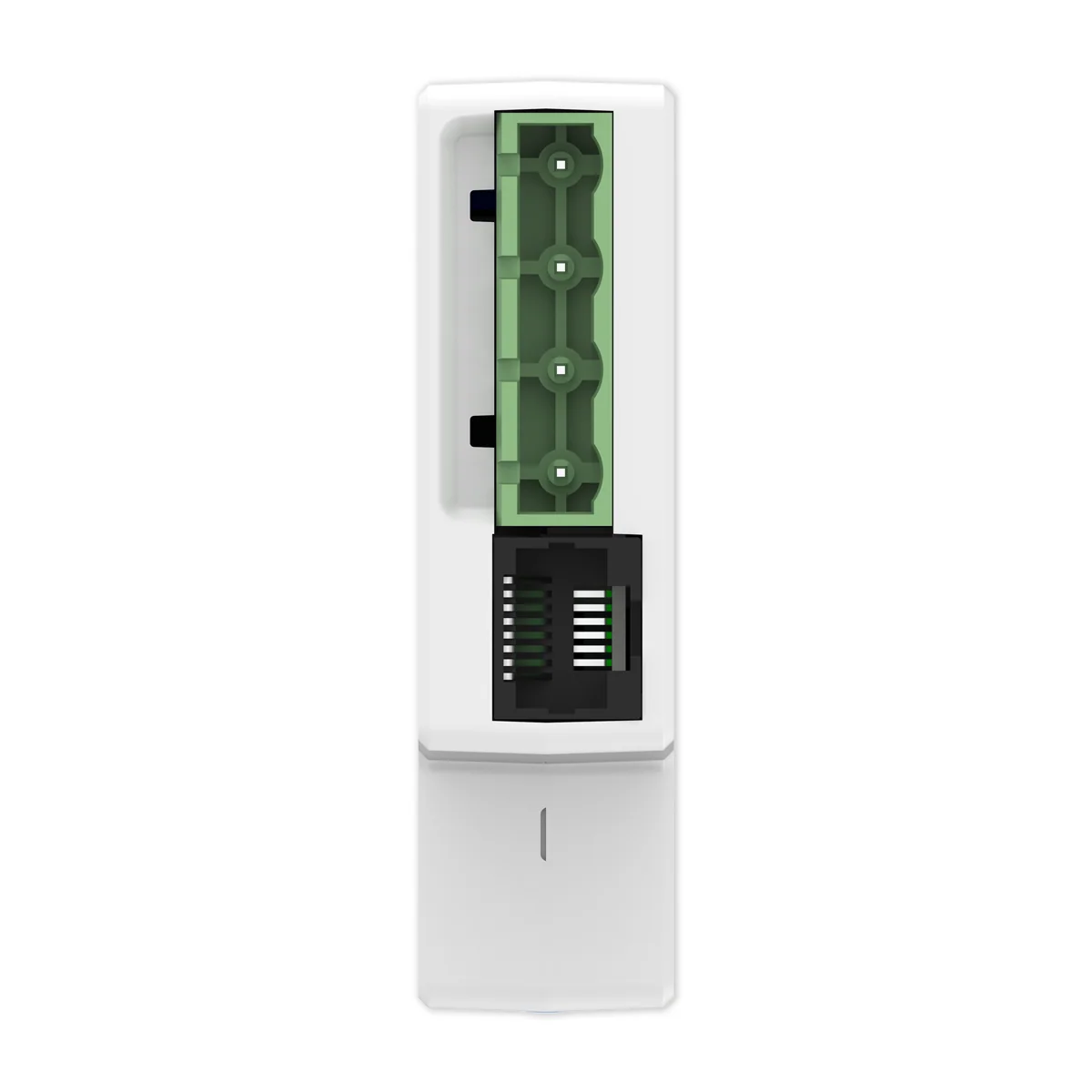 Connection face of a white energy meter with a green terminal block above a black RJ45 Ethernet socket