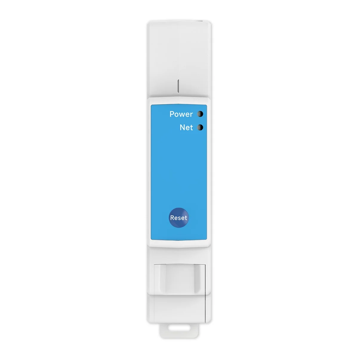 Front view of a white DIN-rail energy meter with a blue panel, Power and Net LEDs and a Reset button