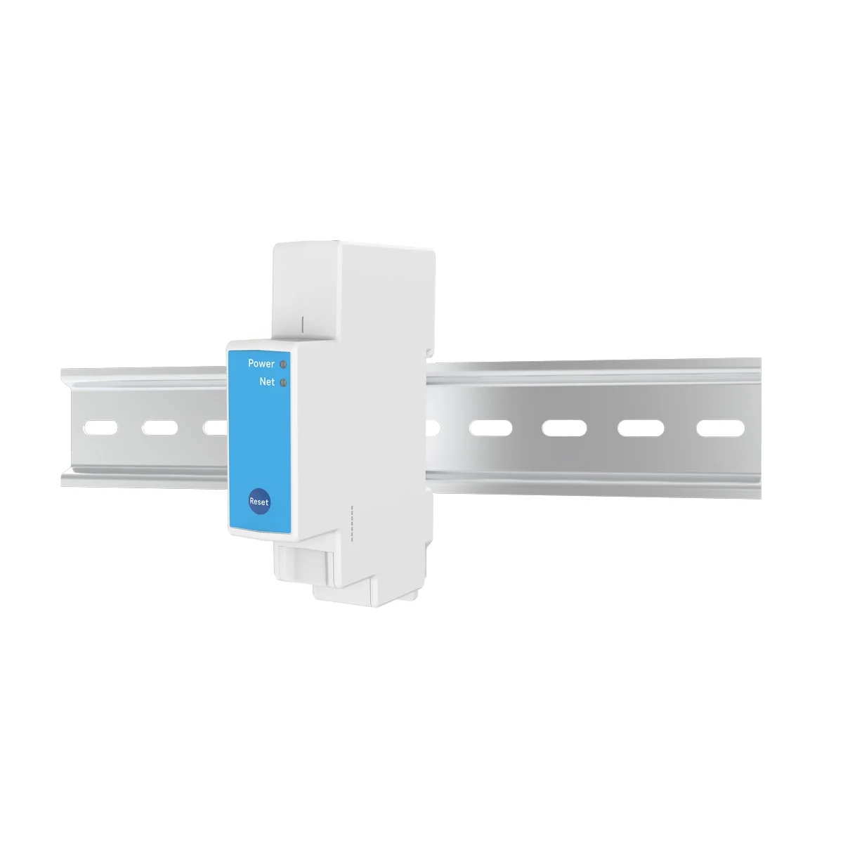 White smart energy meter with a blue front panel mounted on a silver DIN rail, shown on white