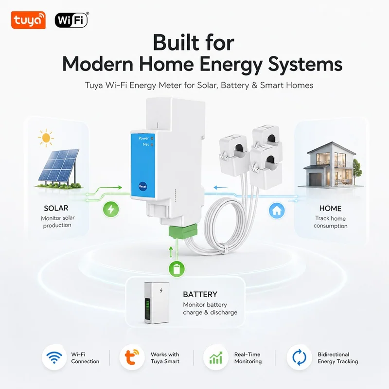 Infographic headed "Built for Modern Home Energy Systems" showing a Tuya WiFi meter wired to solar and battery
