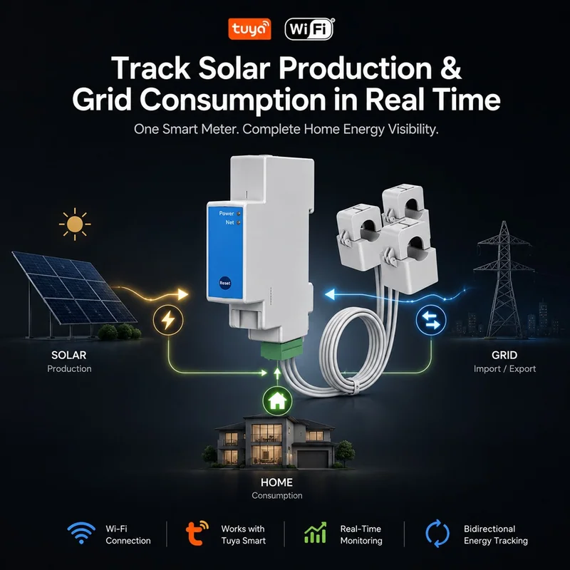 Dark infographic headed "Track Solar Production & Grid Consumption in Real Time" with three CT clamps
