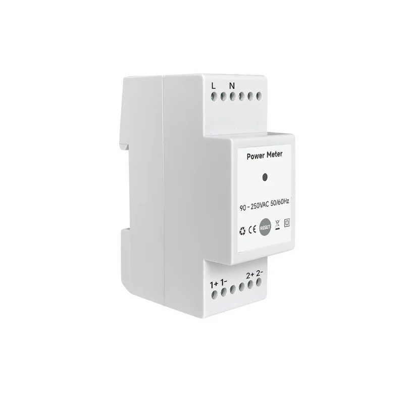 White DIN-rail power meter labelled Power Meter with L and N terminals and CE and RoHS marks