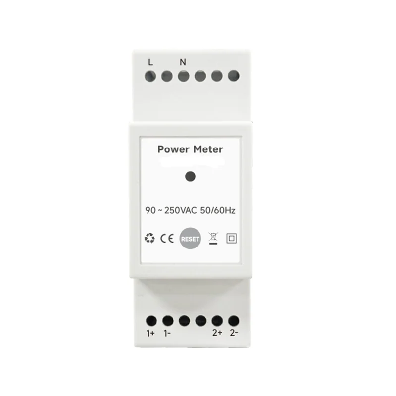 Front view of a white DIN-rail power meter labelled Power Meter with a RESET button and 90-250VAC text