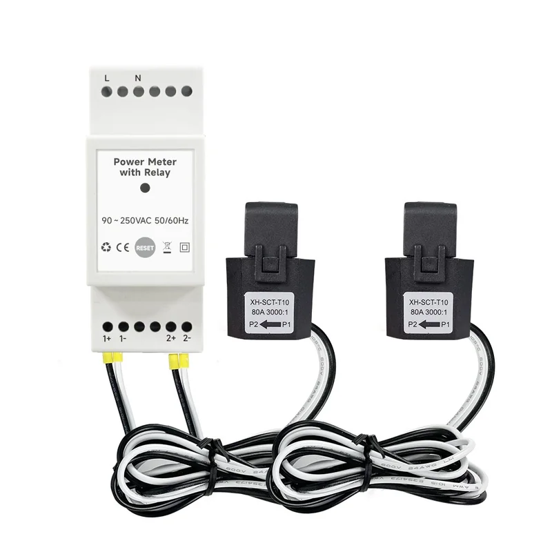 Power Meter with Relay module beside two XH-SCT-T10 80A 3000:1 split-core CT clamps and coiled cables
