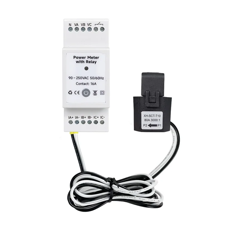 Three-phase meter labelled Power Meter with Relay, Contact 16A, beside one XH-SCT-T10 80A CT clamp