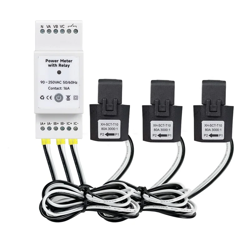 Three-phase Power Meter with Relay unit with three XH-SCT-T10 80A 3000:1 split-core CT clamps and cables