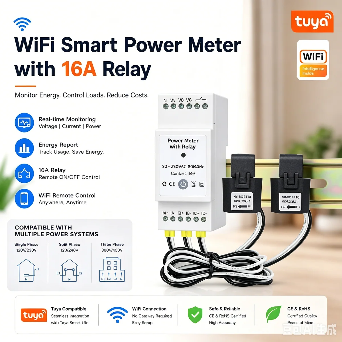 PC473-W-TY/R/N infographic headlined WiFi Smart Power Meter with 16A Relay, beside the meter and CT clamps