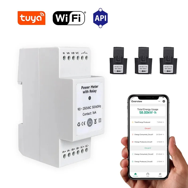 PC473-W-TY/R/N power meter, three CT clamps and a Tuya app screenshot below Tuya, WiFi and API logos