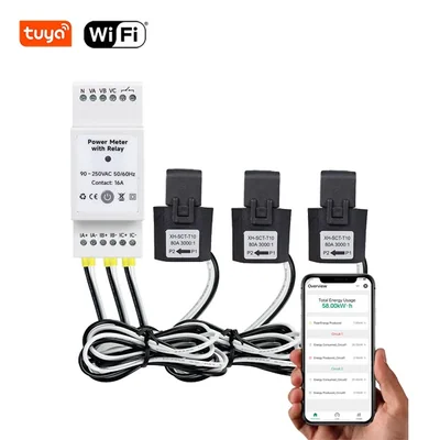 White-background shot of the PC473-W-TY/R/N DIN-rail meter with three CT clamps, coiled cables and a phone app