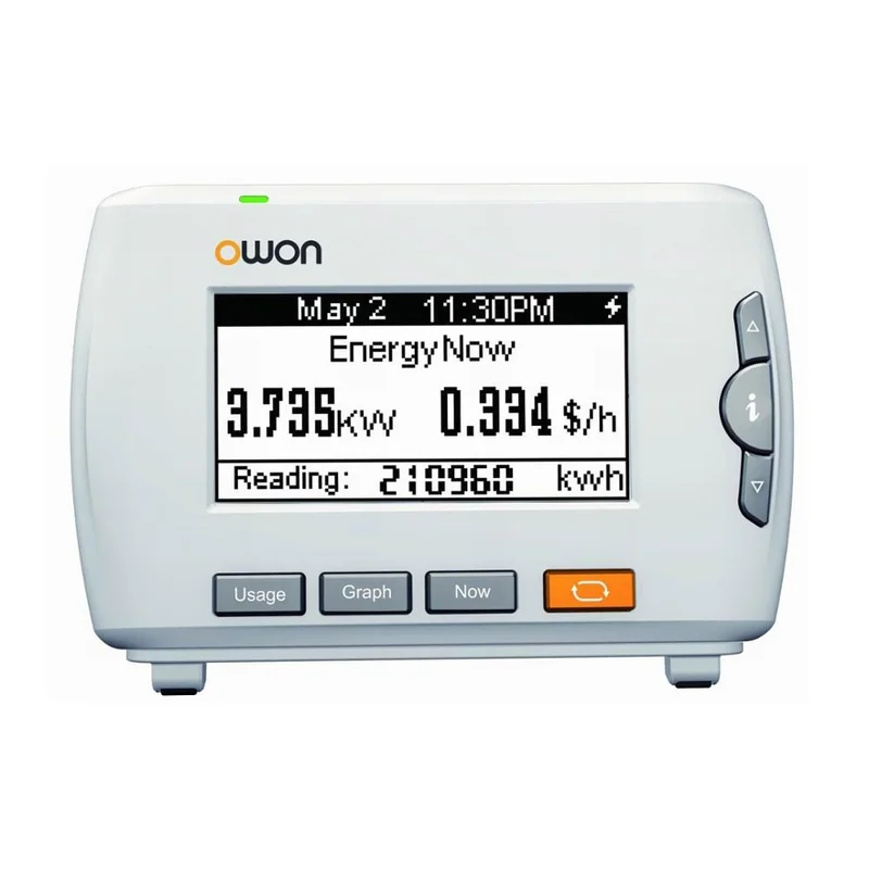 OWON tabletop energy monitor with buttons Usage, Graph, Now and an LCD reading EnergyNow 3.735 kW