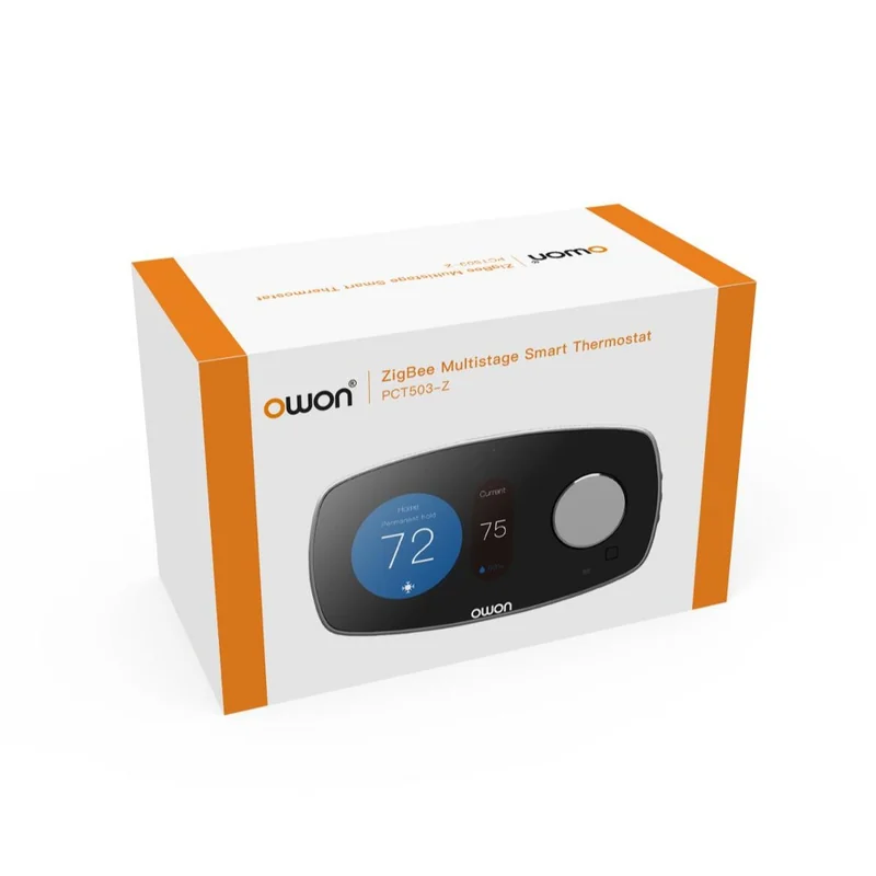 Retail box for the OWON PCT503-Z ZigBee Multistage Smart Thermostat, pictured on the front panel
