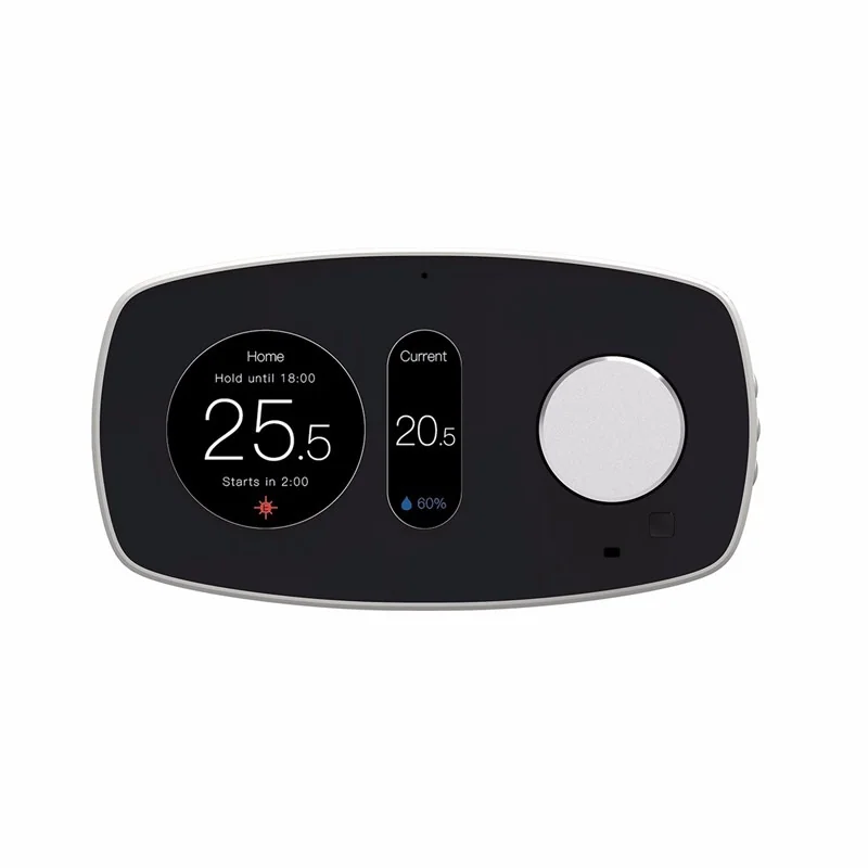 Black wall thermostat for the PCT503 ZigBee model, LCD reading Home 25.5 and Current 20.5 on white