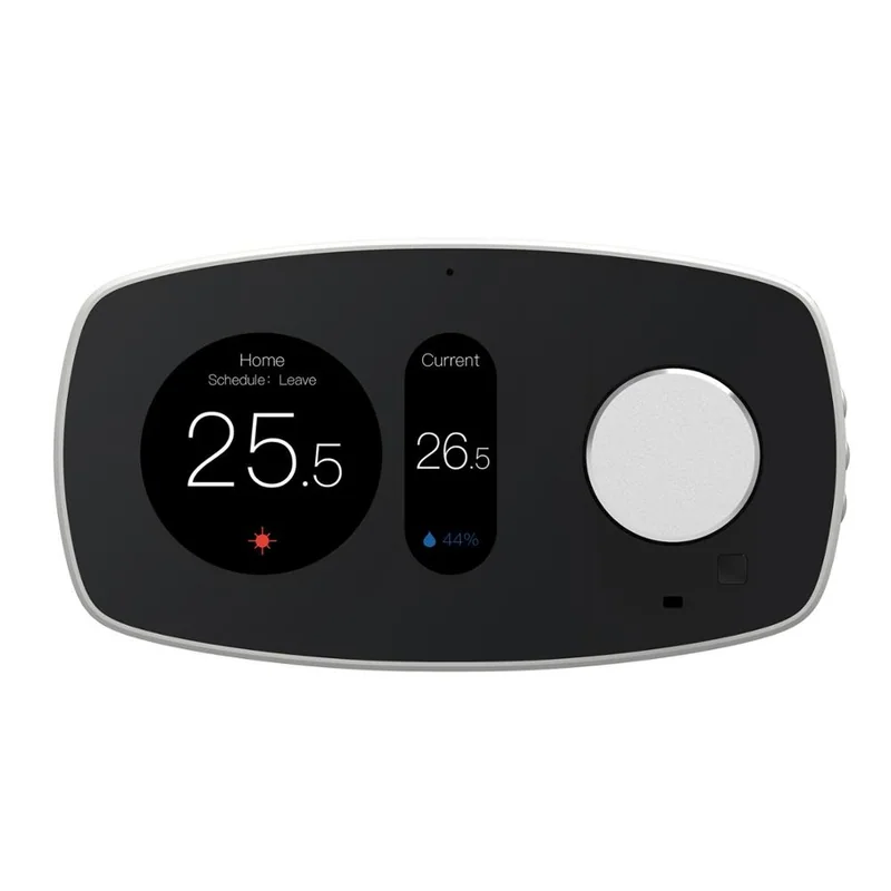 PCT503 thermostat LCD showing Home and Schedule Leave at 25.5, Current 26.5 and 44% humidity