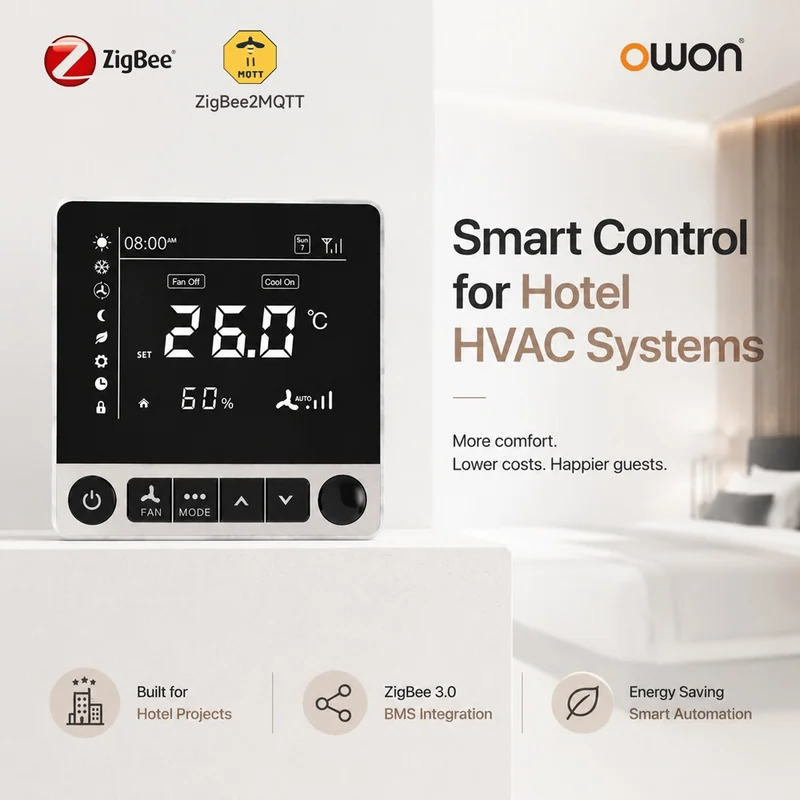 Hotel HVAC thermostat reading 26.0 with Fan Off and Cool On, shown for the PCT504 ZigBee fan coil model