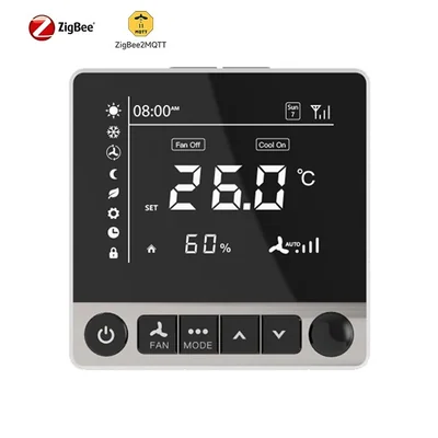 White-background front view of the PCT504 fan coil thermostat showing 25.0, 60% and Fan Off, Cool On