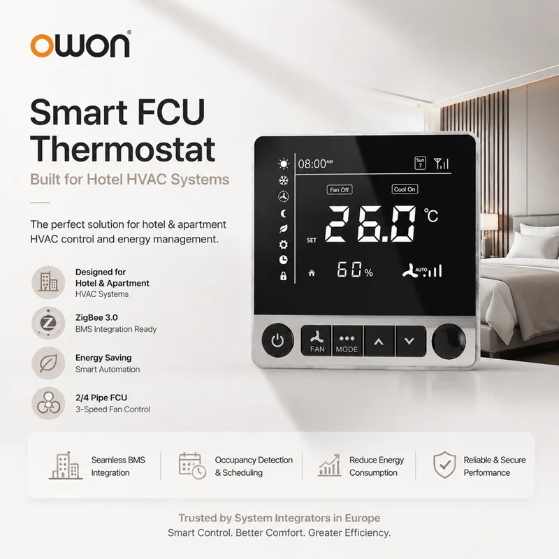 PCT504 infographic headlined Smart FCU Thermostat, Built for Hotel HVAC Systems, over a hotel room scene