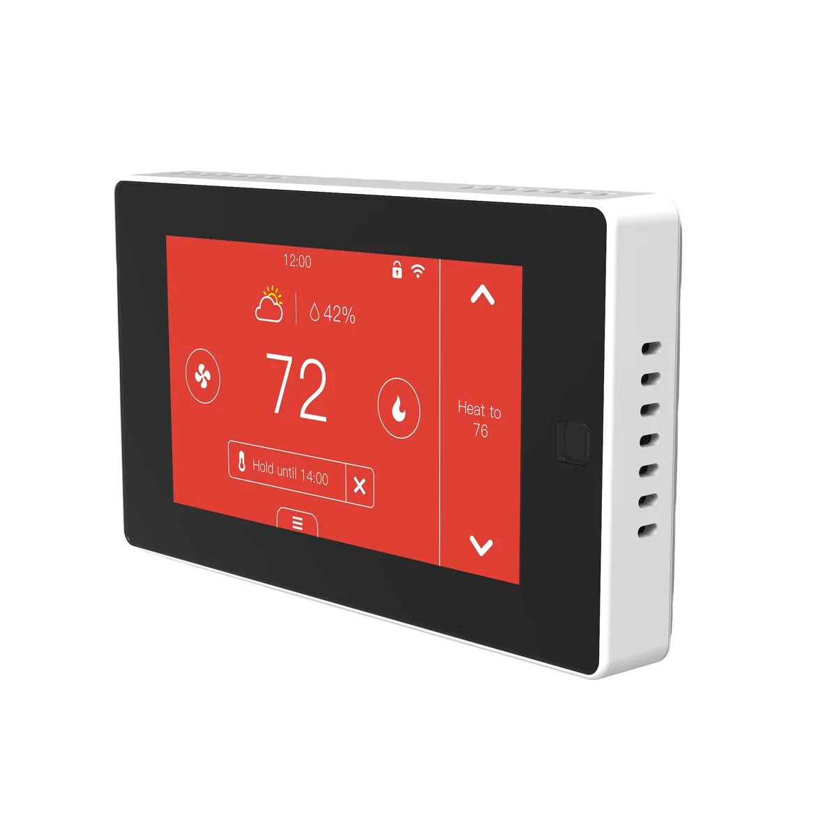 PCT513 Wi-Fi touchscreen thermostat in an angled white-background shot, red screen reading 72 with Heat to 76