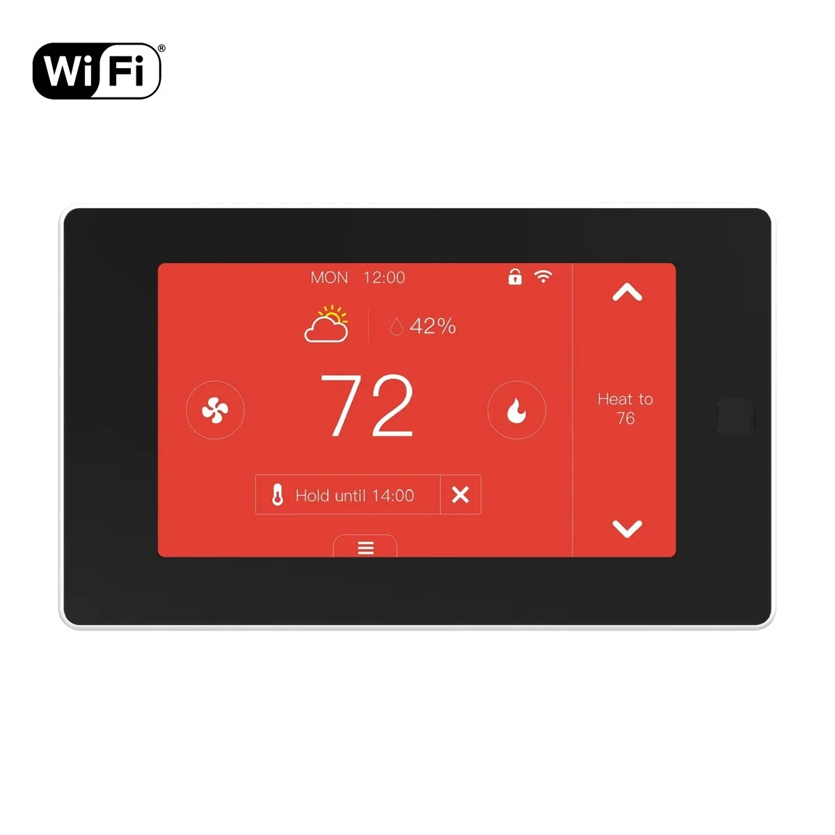 PCT513 thermostat front view under a WiFi logo, red screen showing 72, MON 12:00 and Hold until 14:00