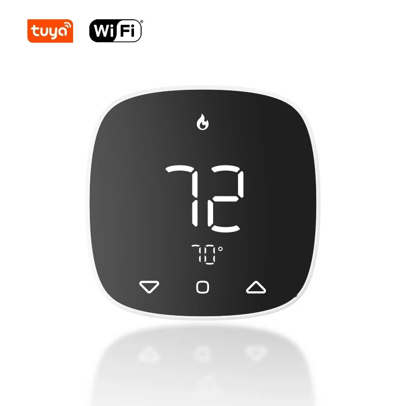 PCT5231-W-TY wall-box thermostat on white below Tuya and WiFi logos, display reading 72 and 70 degrees