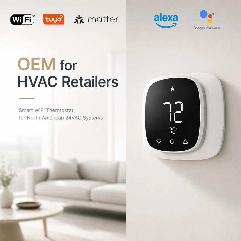 Smart WiFi Thermostat for North American 24VAC Systems headline with the PCT5231-W-TY in a living room