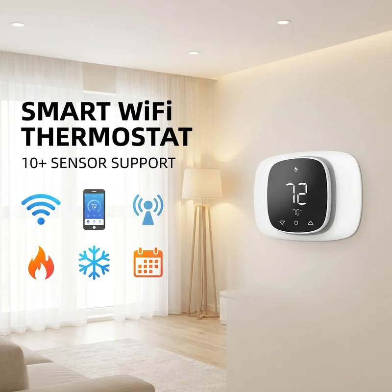 PCT5231-W-TY in a bedroom with Wi-Fi, app, flame and calendar icons under a Smart WiFi Thermostat heading