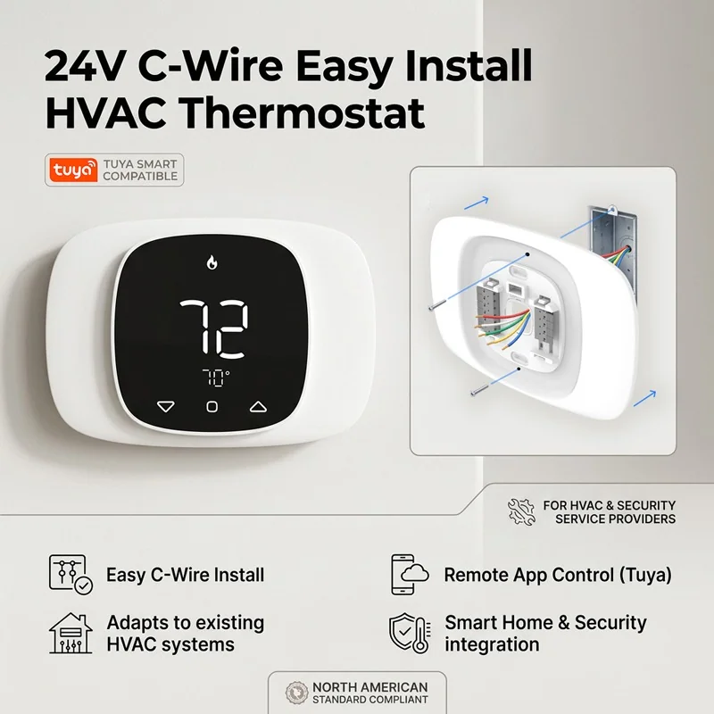 24V C-Wire Easy Install HVAC Thermostat infographic with a wall-box wiring inset for the PCT5231-W-TY